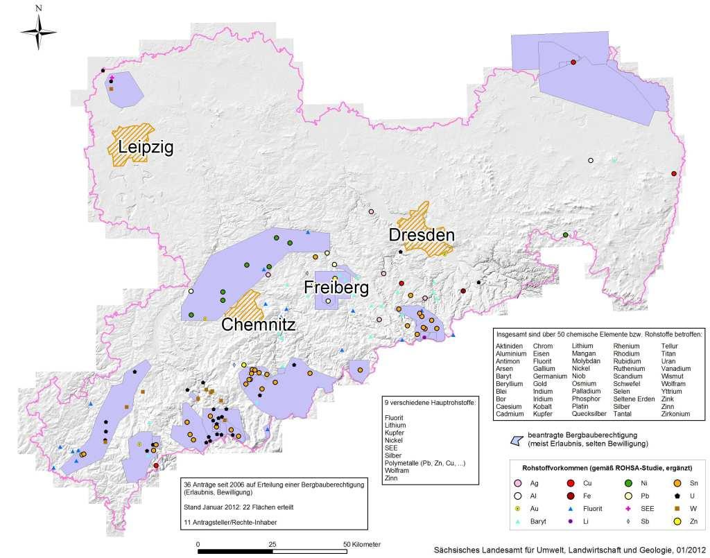 Abb. 18: Flächen der zwischen 2006 und Januar 2012 beantragten Bergbauberechtigungen auf Erze & Spate (Quelle: SOBA, LfULG) Fig.