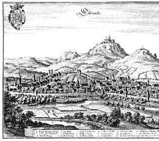 Die Heimatstadt: Ansicht von Eisenach mit Blick auf die Wartburg in Matthäus Merians «Topographia» von 1650 die wir über die entsprechenden genealogischen Zusammenhänge weit spärlicher unterrichtet