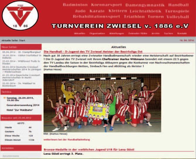 Jahresbericht 2013 45 Unsere Homepage Fast 62.000 Besuche hierbei ca. 142 000 Seitenaufrufe in zwei Jahren bestätigen ein großes Interesse an den Aktivitäten des TV Zwiesel.