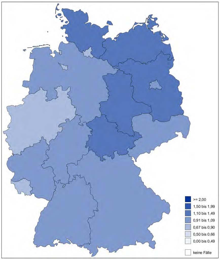 17/1 Länderauswertung mit Geodarstellung 2011 des Indikators Präoperative Verweildauer über 48 Stunden nach Aufnahme oder sturzbedingter Fraktur im Krankenhaus = Relative Abweichung vom