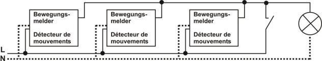Parallelschaltung mehrerer Melder mit zusätzlichem Schalter für Dauerlicht. Anschluss eines RC-Löchgliedes, (zwischen Nulleiter und geschalteter Phase L ).