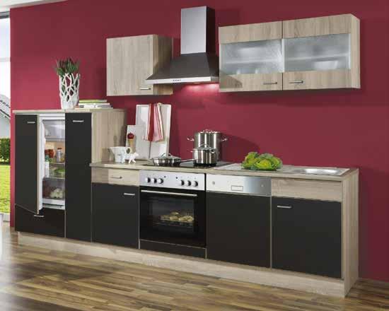Küche mit hochglänzenden Lackfronten in Graublau toll kombiniert mit dunkelgrauen Regalen und Wildeiche Nachbildung.