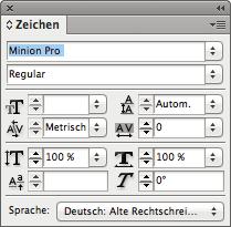 Im Zeichen-Bedienfeld weisen Sie nun dem gesamten Text die Open- Type-Schrift Minion Pro zu. Alle anderen Angaben übernehmen Sie. Nun sollte der Text in den Rahmen passen.