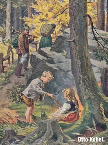 Hänsel und Grethel saßen um das Feuer, und als der Mittag kam, aß jedes sein Stücklein Brot. Und weil sie die Schläge der Holzaxt hörten, so glaubten sie, ihr Vater wäre in der Nähe.