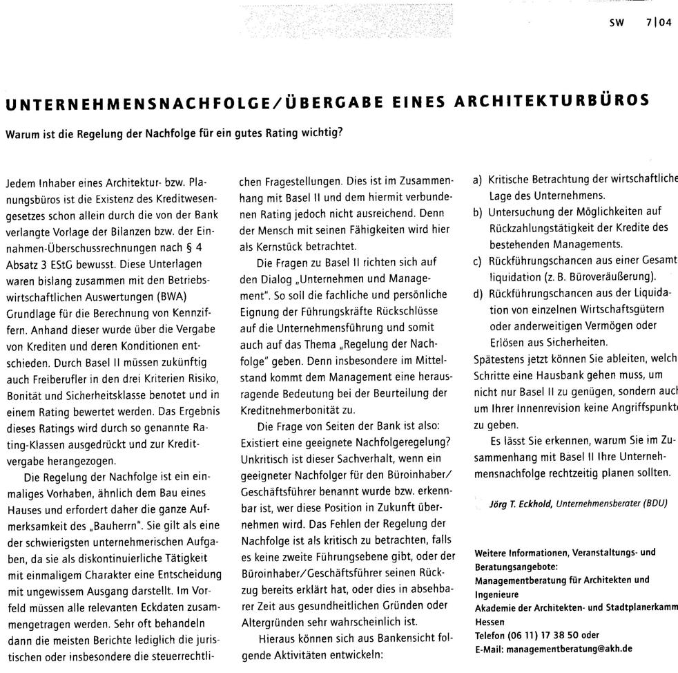 Unternehmensnachfolge/Übergabe eines Architekturbüros (DAB 7/2004)
