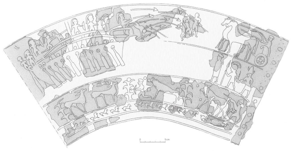 O konjskih dirkah sredi 1. tisočletja pr. Kr.: konj in kotel v situlski umetnosti Sl. 14: Nezakcij, situla iz grobnice, odkrite 1981, razprt plašč situle (po Mihovilić et al. 2001).