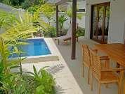 Tropischer Garten mit 20 Meter Schwimmbad, Terrasse mit mit Sonnenschirmen und