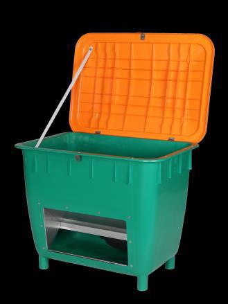 Stück auf Europalette Streugutbehälter 220 L mit Rutsche grün, Deckel orange, aus frostbeständigem hochfesten Spezialkunststoff, recyclebar
