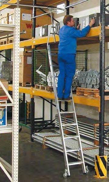 8 STABILO Professional Stufen-RegalLeiter Doppelregal, Rundrohr-Schienenanlage Aluminium-Stufen-Regalleiter mit integriertem Kopffahrwerk-System für Doppelregal, drehbar.