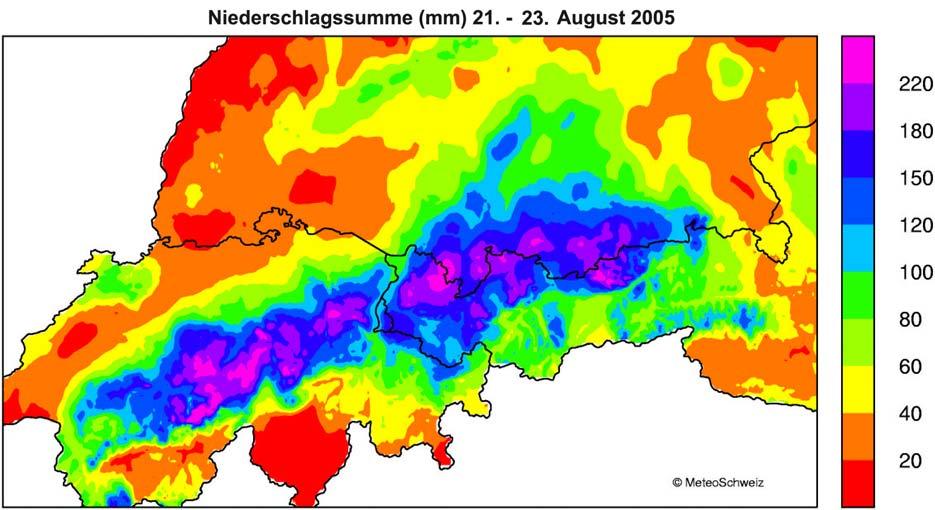Hochwasser im Rheingebiet 06/2006 (überarb. Jan. 2007) 4 Tatsächlich fielen dann innerhalb von 72 Stunden fast am gesamten Alpennordhang (Abb.