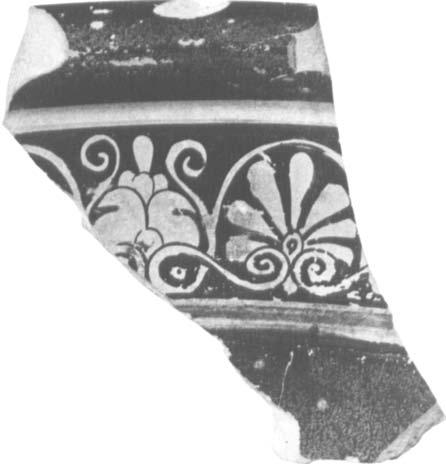 Fragment from the calyx krater in fig. 21. Malibu 76.AE.102.18. B. Height 4.0 cm. (fig.22) Offset of cul. No pattern. Right foot back, toes only on ground, of figure in movement to right.