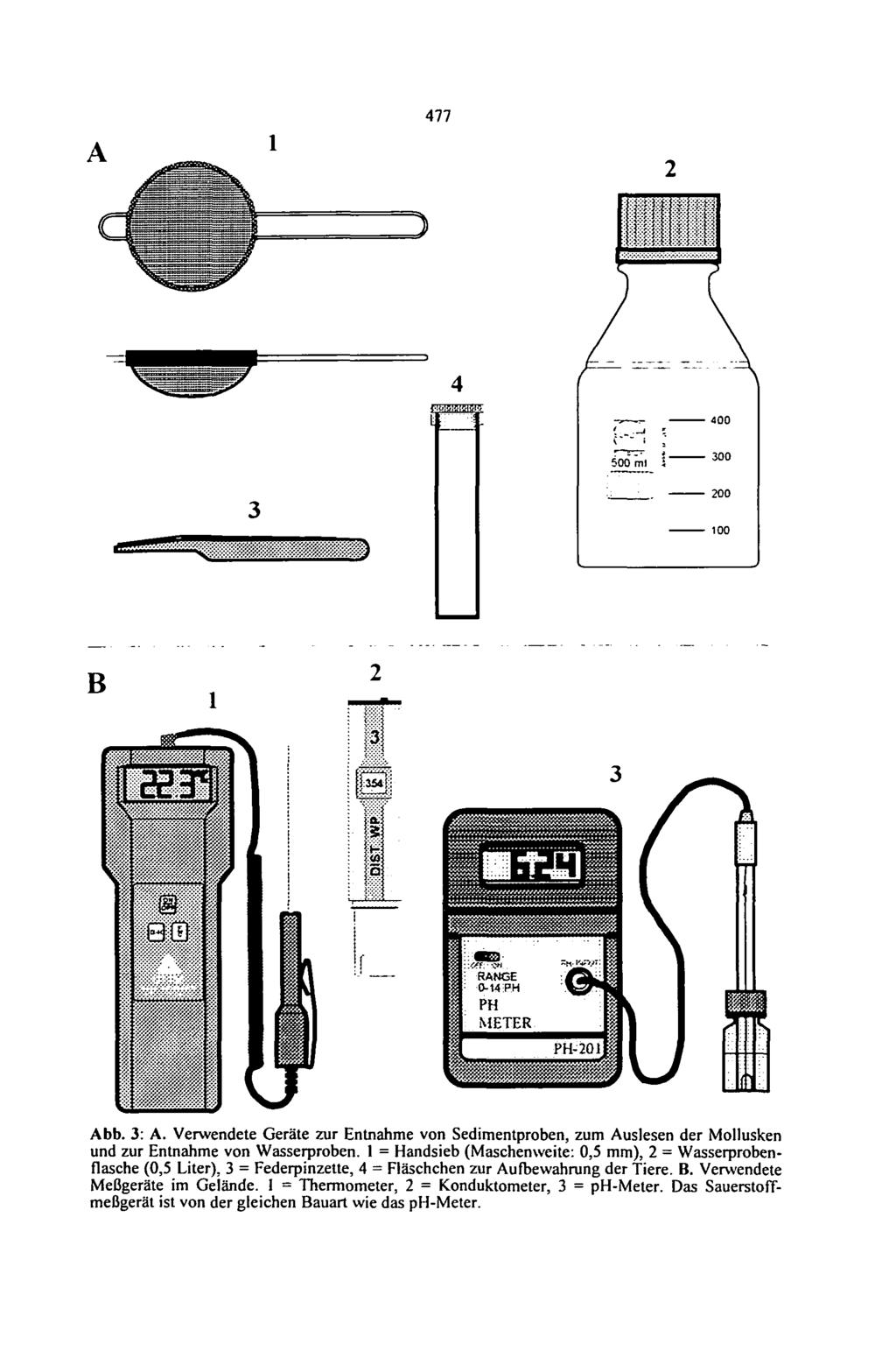 477 B its 5: Abb. : A. Verwendete Geräte zur Entnahme von Sedimentproben, zum Auslesen der Mollusken und zur Entnahme von Wasserproben.