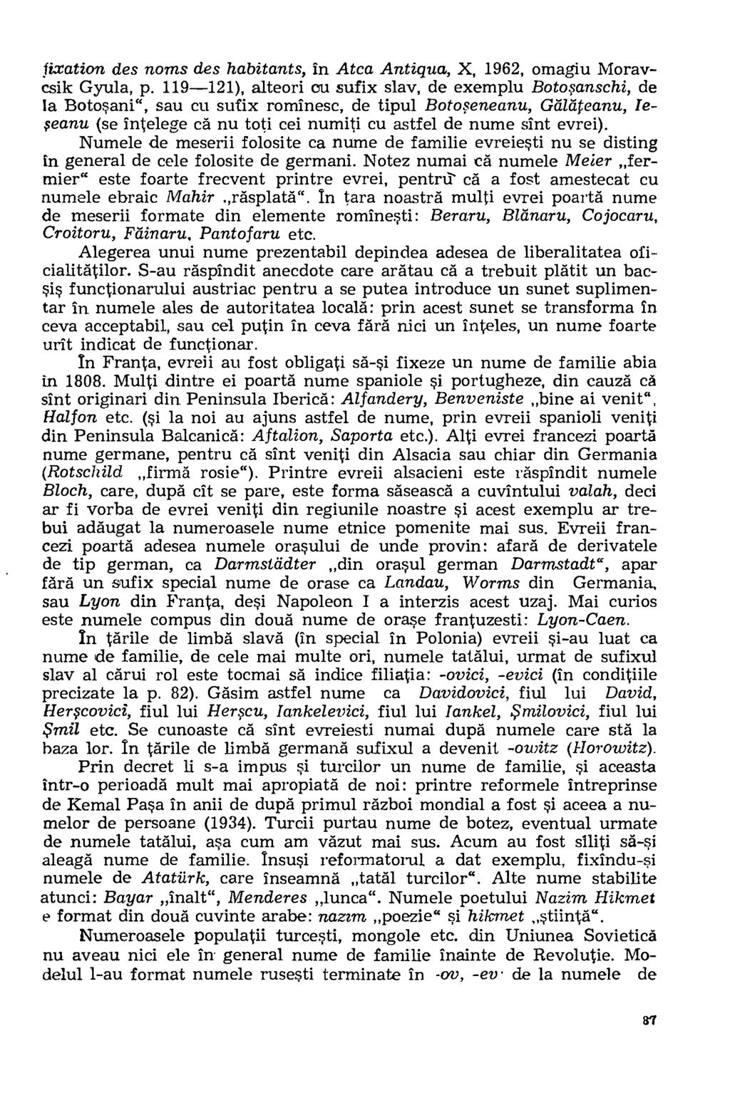 fixation des noms des habitants, in Atca Antigua, X, 1962, omagiu Moraycsik Gyula, p.