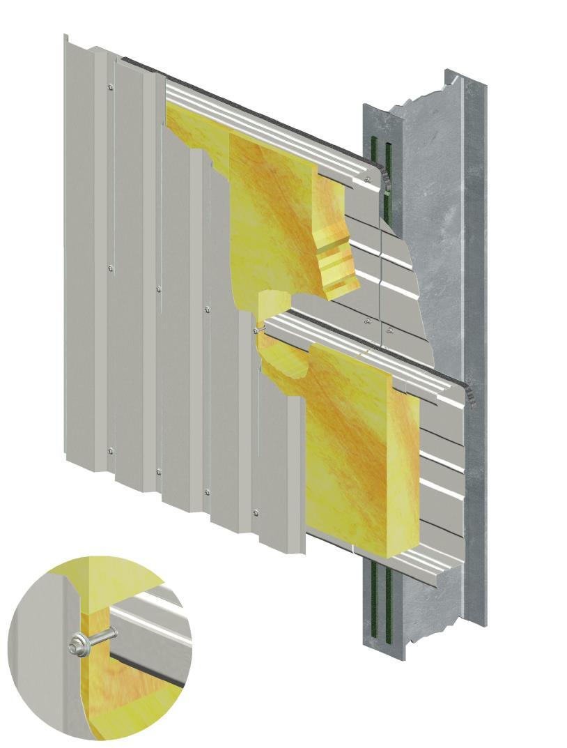 Wandkonstruktionen Stahlkassettenprofilwand Merkmale: Stützen-Wandkonstruktion, zweischalig, wärmegedämmt, Spannrichtung Innenschale: horizontal Spannrichtung Außenschale: vertikal Konstruktion: