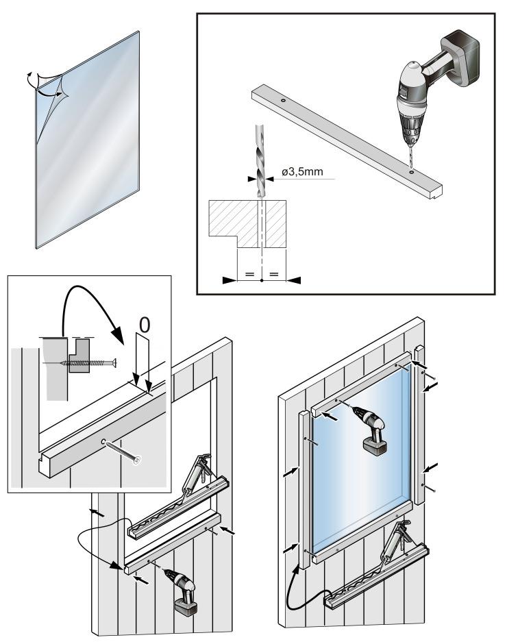 Abschließend noch die Fensterkreuze an den Leisten F12/13 mit 30mm Nägeln am Rahmen befestigen. Achten Sie bitte beim Vernageln der Fensterkreuze auf entsprechenden Seitenabstand zu den Scheiben.