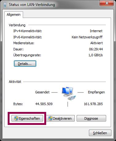 Im sich daraufhin öffnenden Fenster klicken Sie mit der linken Maustaste auf [ Eigenschaften ] und dann mit einem Doppelklick auf [ Internetprotokoll Version 4 (TCP / IPv4) ].