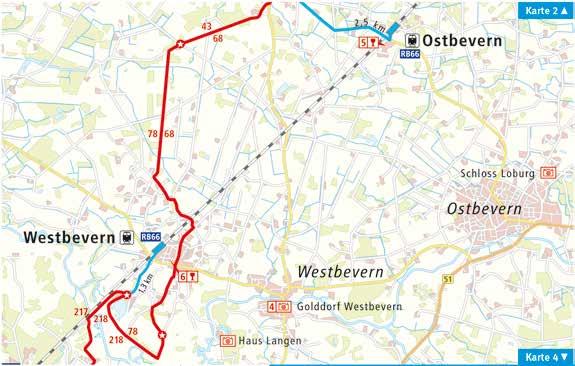 Route 3 Lengerich Münster Karte 3 Karte 2 Karte 4 Ostbevern: ebenerdig; Westbevern: Gleis 1: ebenerdig, Gleis 2 Treppe Verleih, Reparatur: Landhotel Beverland, Beverlandplatz 1 48346 Ostbevern, Tel.