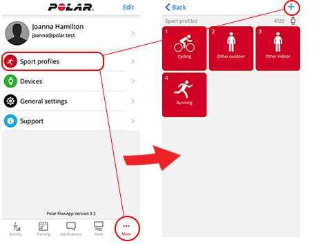 Im Polar Flow Webservice: 1. Klicke oben rechts auf deinen Namen/dein Profilfoto. 2. Wähle Sportprofile. 3. Klicke auf Sportprofil hinzufügen und wähle die Sportart in der Liste aus. 4.