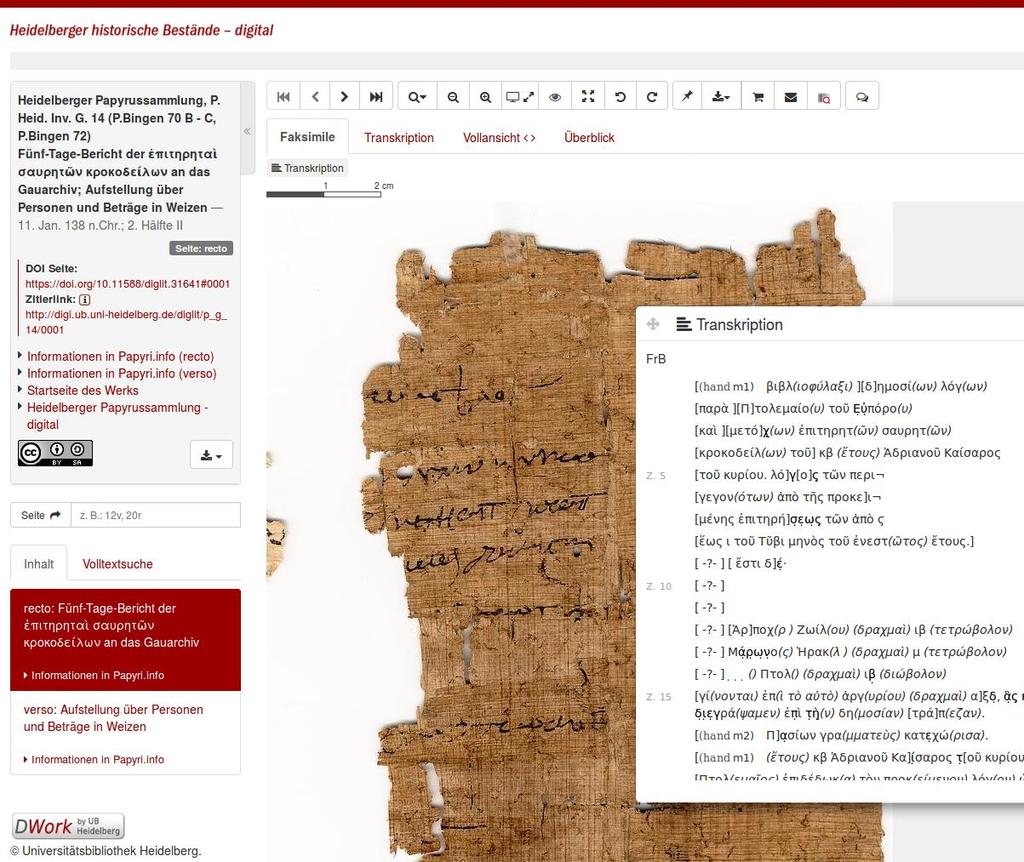 Editionsprojekte das Beispiel der Heidelberger Papyrussammlung Bild: Heidelberger Papyrussammlung, P. Heid. Inv. G. 14 (P.Bingen 70 B - C, P.