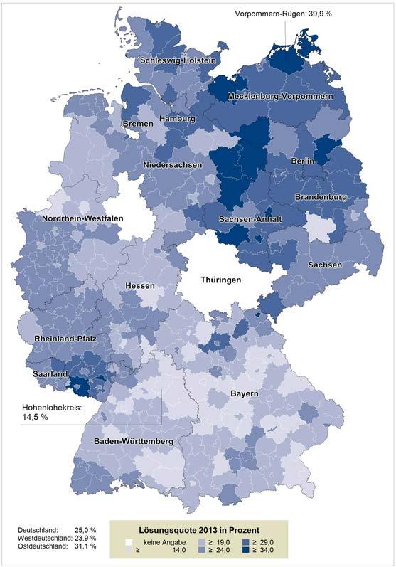 Karte 1: Lösungsquoten nach Kreisen in Deutschland 2013 (%) Anm.