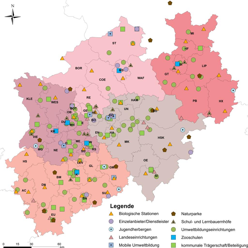 Abb. 1: Übersichtkarte von Einrichtungen der natur- und umweltbezogenen Bildung in NRW; Quelle: Ministerium für