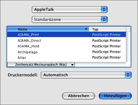 EINRICHTEN DER DRUCKFUNKTIONALITÄT UNTER MAC OS X 11 2 Klicken Sie auf Hinzufügen. 3 Wählen Sie AppleTalk oder TCP/IP-Drucker im obersten Menü.