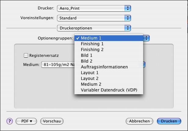 DRUCKEN UNTER MAC OS X 27 19 Wählen Sie die Kategorie Druckeroptionen, um die druckerspezifischen Optionen festzulegen. Legen Sie in allen Optionengruppen die gewünschten Einstellungen fest.