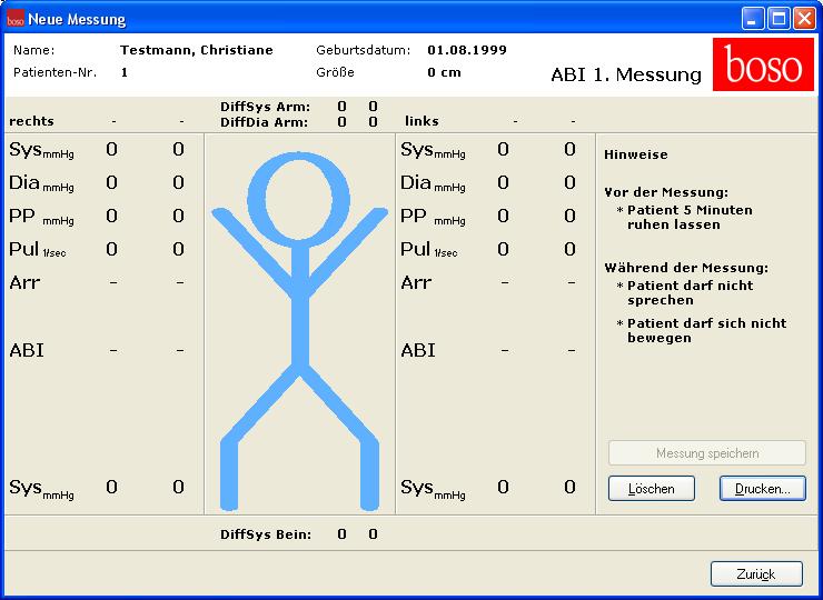 Durchführung einer Messung Um einen neuen Patienten in der ABI-Software anzulegen, wählen Sie im Register "Patient" den Button "Neu...". Pflichtfelder sind Name und Patienten Nr.