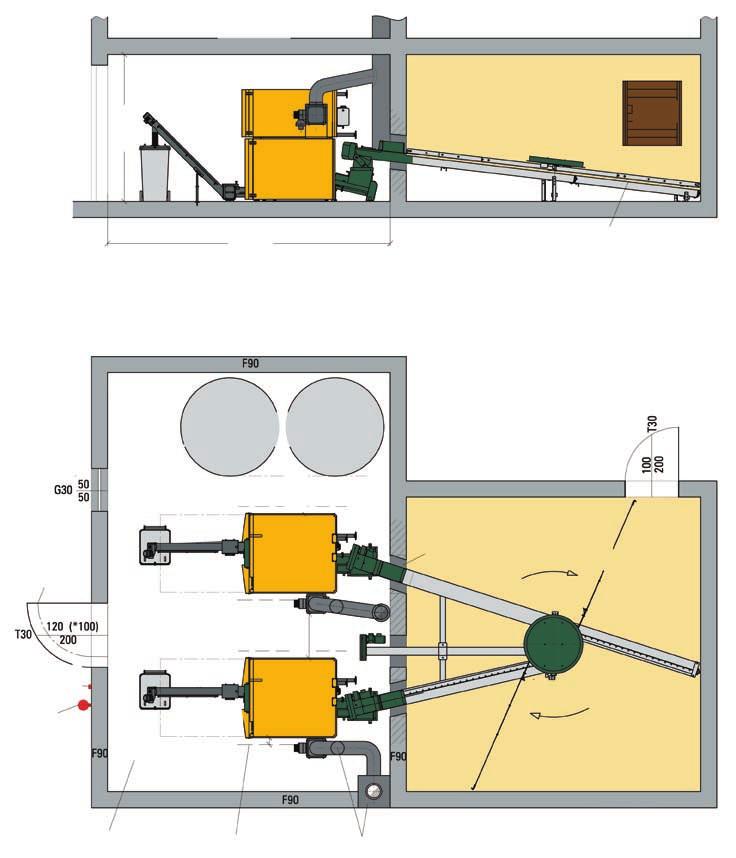 KWB Powerfire Einbaubeispiele Sonderlösung KWB Powerfire 130-150 kw: Doppelkesselanlage mit einem Rührwerk Aufriss Massivdecke F90 mind. 220 Holzbretter mind.