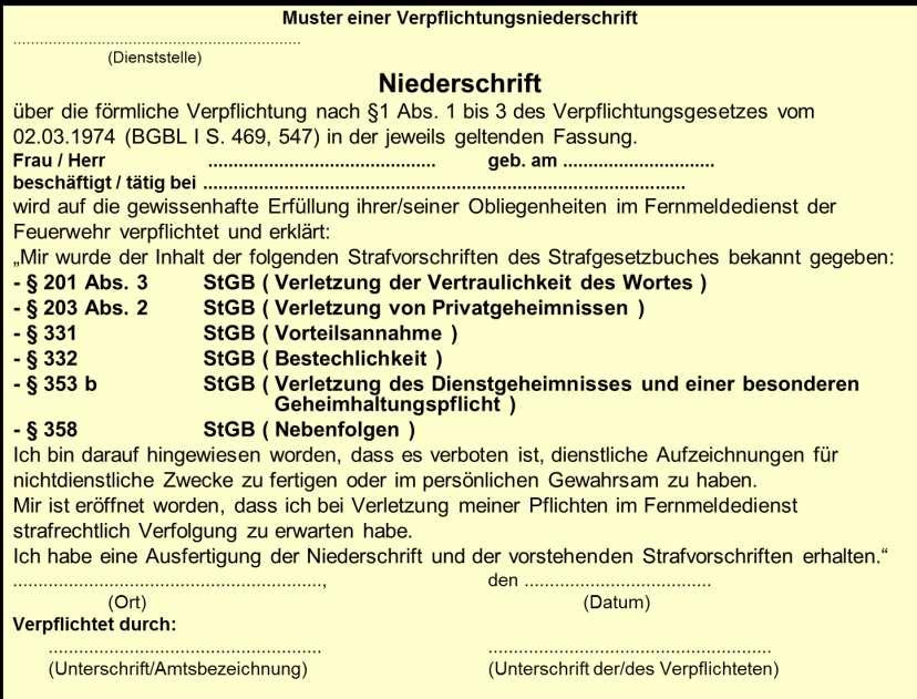 Verpflichtungsniederschrift Zuständig für die Verpflichtung sind: - Magistrat bzw.