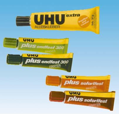 Alleskleber UHU, non-drip all purpose adhesive It remains in place because of its consistency. Ideal to be used on vertical surfaces. Well accepted in handicraft, does not thread.