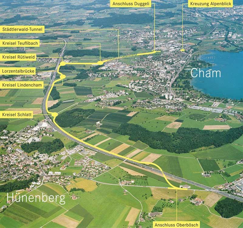 Umfahrung Cham/Hünenberg (2017/18/19) Situation: Durchgangsverkehr in den Ortszentren von Cham und