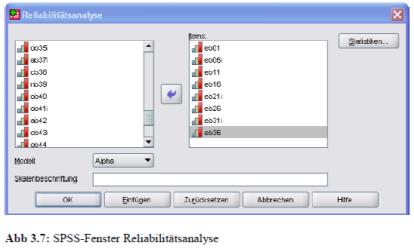 Trennschärfeanalyse in SPSS Berechnung von Fremdtrennschärfen Selektion von Items aufgrund der Itemanalyse ANALYSIEREN SKALIERUNG RELIABILITÄTSANALYSE Items in die Itemliste verschieben (bei