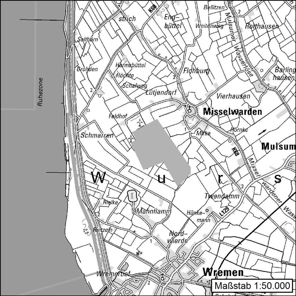 05.06.2014 Seite 105 1.2.2.25 Standort Misselwarden Misselwarden 1. Allgemeine Informationen Kartenausschnitt (M. 1:50.000) 1.1 Kreis Landkreis Cuxhaven 1.