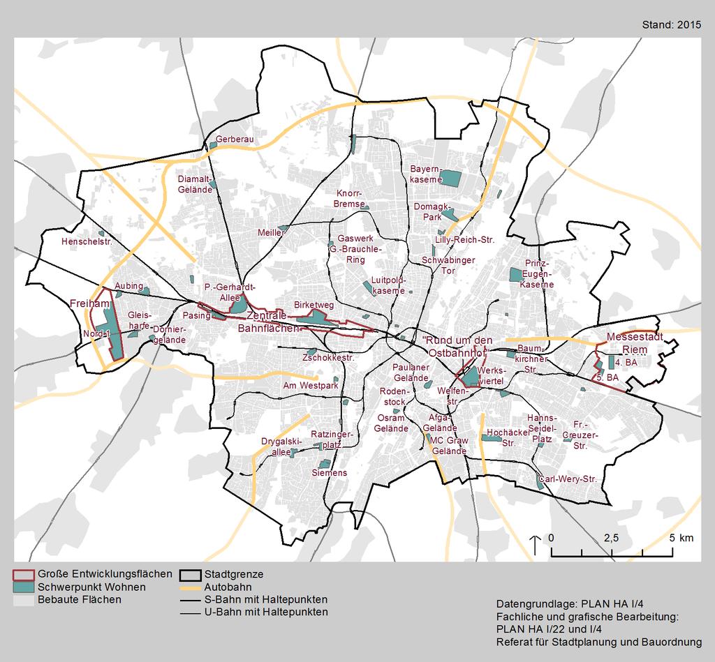 Seite 36 Abbildung 13: Große Wohnungsbauprojekte München Zur Schätzung der langfristigen Potenziale wurden die mittelfristigen Daten, um die Ergebnisse aus einer stadtweiten Durchsicht unter