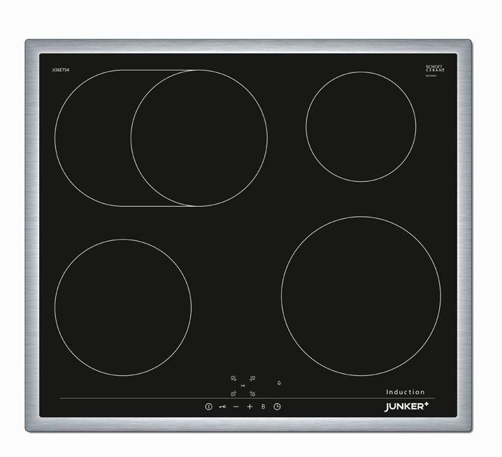 Glaskeramik Mit Edelstahlrahmen und integrierten Kochstellenreglern 4 Induktions-Kochzonen: 2 Kochzonen Ø 14,5 cm, 1,4 kw (Powerstufe 1,8 kw) 2 Kochzonen Ø 18 cm, 1,8 kw (Powerstufe 2,5 kw) Mit