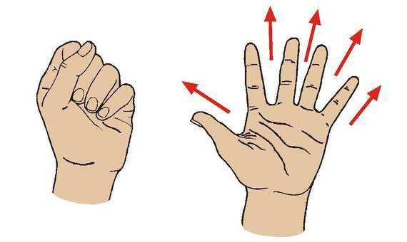 Fingerkrampf: Die Finger werden abwechselnd zur Faust geschlossen und ruckartig gestreckt.