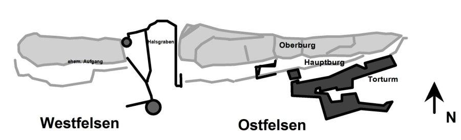 Anlagenbeschreibung Grobe Skizze des Verfassers Wie die Felsenburg 1 Fleckenstein 2, gehört der Drachenfels zu den imposantesten Felsenburgen der Pfalz.