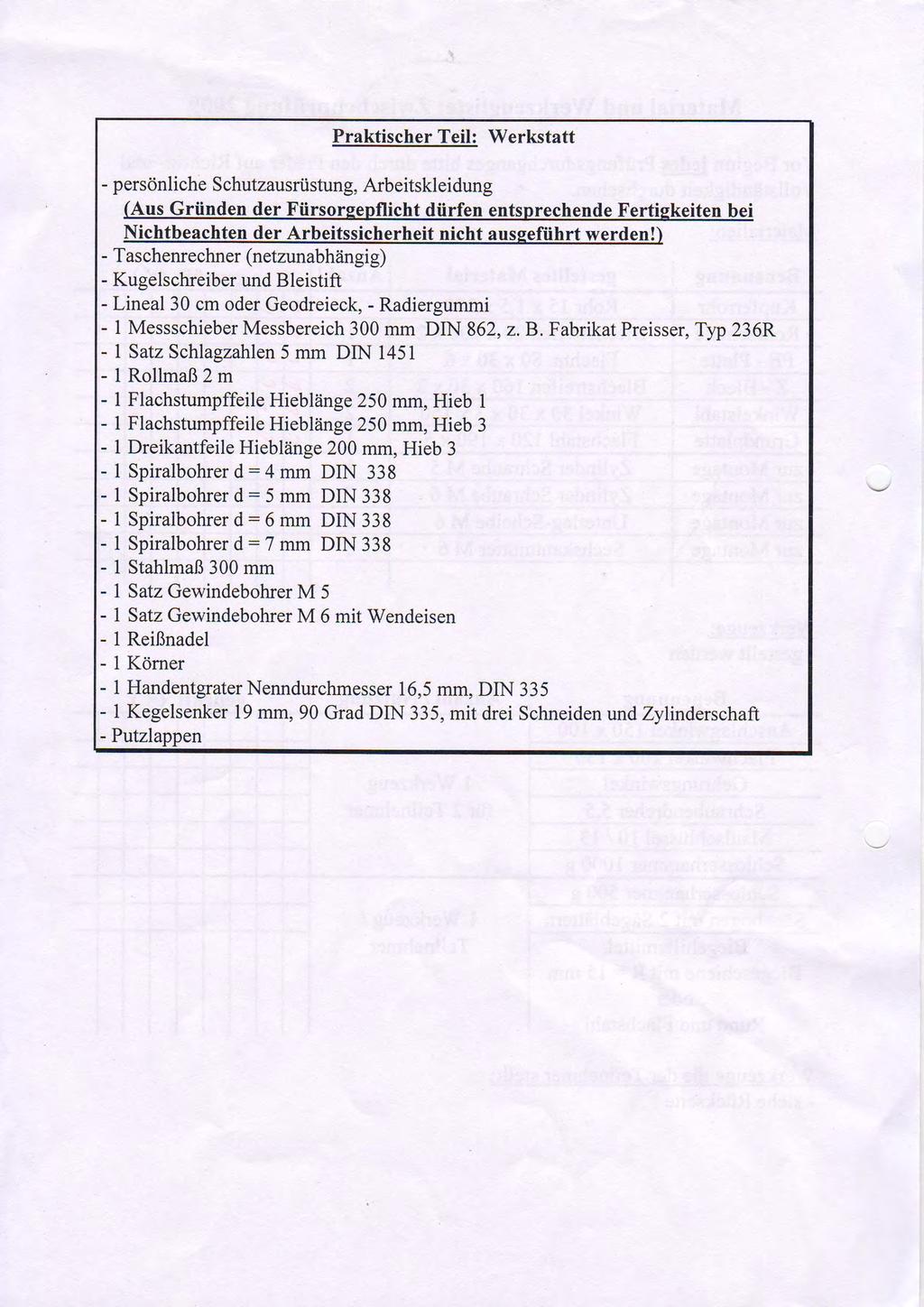 Praktischer Teil: Werkstatt - persönliche Schutzausrüstung, Arbeitskleidung (Aus Gründen der Fürsorgepflicht dürfen entsprechende Fertigkeiten bei Nichtbeachten der Arbeitssicherheit nicht ausgeführt