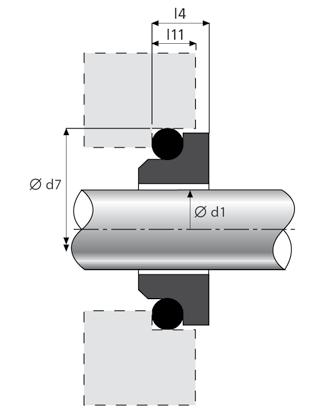 PTFE-Keilring, Typ M03S: NBR, EPDM, FKM Stationäre Gegenringe S03 (nach EN 12756 (DIN 24690) «kurze Ausführung») d1 d7 l4 10.0 21.0 6.6 12.0 23.0 6.6 14.