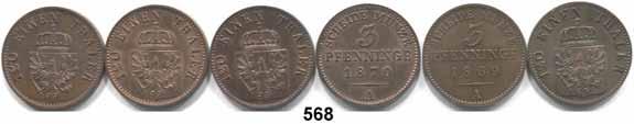 ..Sehr schön bis vorzüglich 30,- 567 LOT von 13 Kupfermünzen: 4 Pfennig 1861, 1862 (mit Punze K), 1863, 1864,
