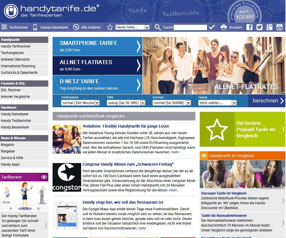 Portfolio - Handytarife.de Seit 1998 bietet Handytarife.de dem mobilfunkinteressierten Internet-User kostenlose Informationen und Dienstleistungen rund um die Themen Handys und Tarife.