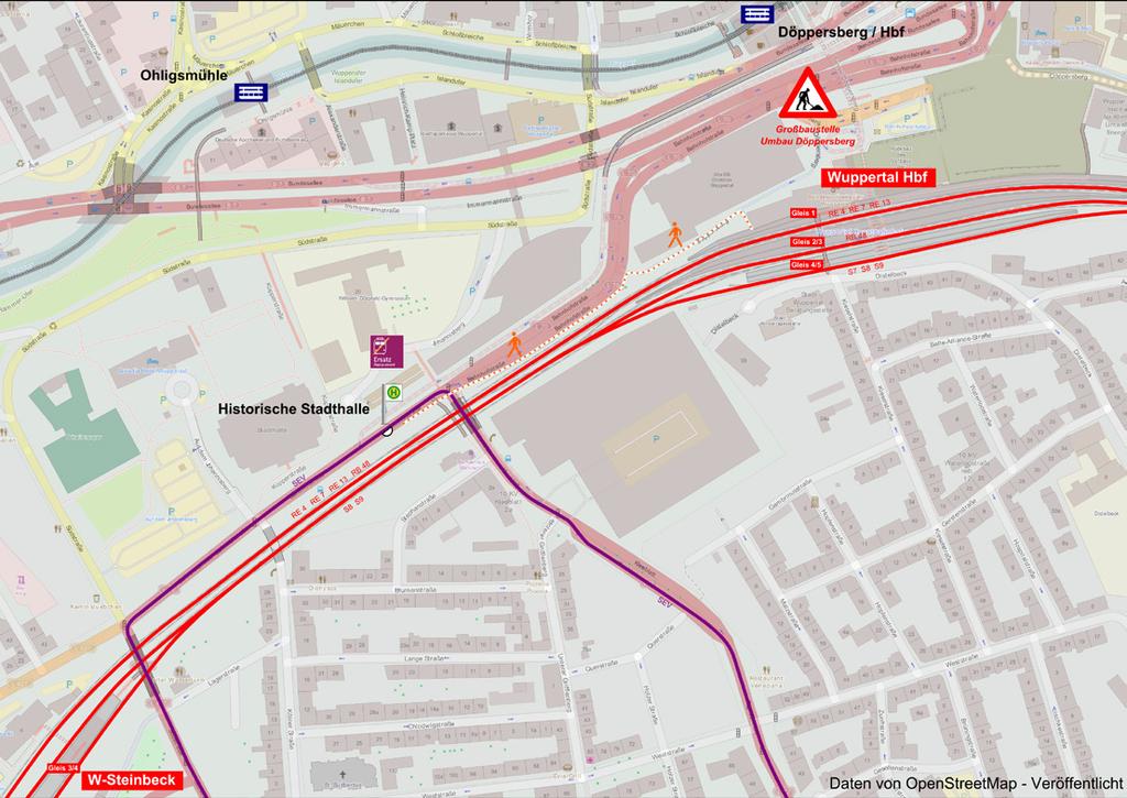 Daten von OpenStreetMap - Veröffentlicht unter ODbL S7 Sommerbaustelle: Reiseempfehlung für die Hauptverkehrszeit (20-Minuten-Takt) von / nach Wuppertal Hbf W-Unterbarmen Wuppertal-Barmen