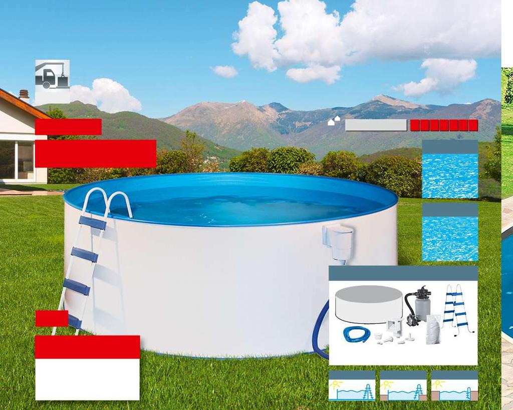 Becken + Stahlrohrleiter + Sandfilteranlage + Quarzsand + Skimmer-Set mit Einlaufdüse + Systemzubehör AUFSTELL-POOL TEILEINBAU-POOL EINBAU-POOL Ihre Privatlagune im Garten 2 Inkl.