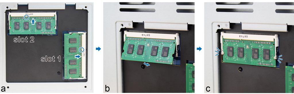 Trennen Sie alle Kabel von der DiskStation, um mögliche Schäden zu vermeiden. 2 Die RAM-Module befinden sich auf der Unterseite der DS1817+.