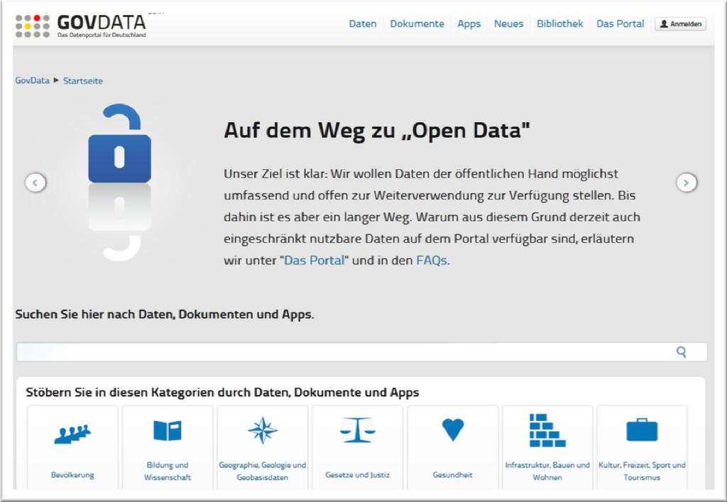 GovData, das Datenportal für Deutschland Metadatenportal: Datenbeschreibungen von (maschinenlesbaren) Daten aus Bund, Ländern und Kommunen Ziele: Auffindbarkeit verbessern und Bereitstellung von