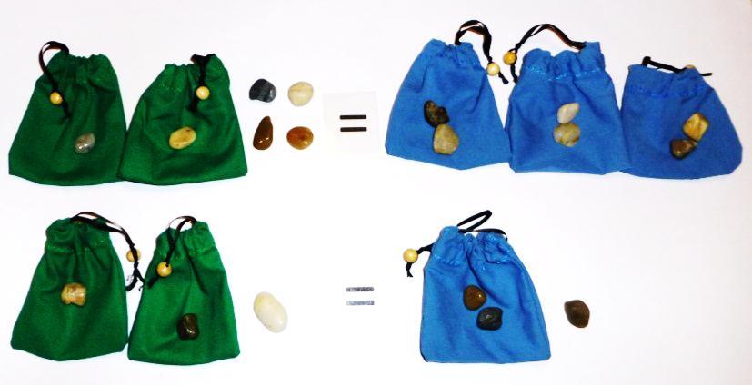 Aufgabe Material: blaue und grüne Säckchen, Steine, Rechenzeichen; a) a) Versuche