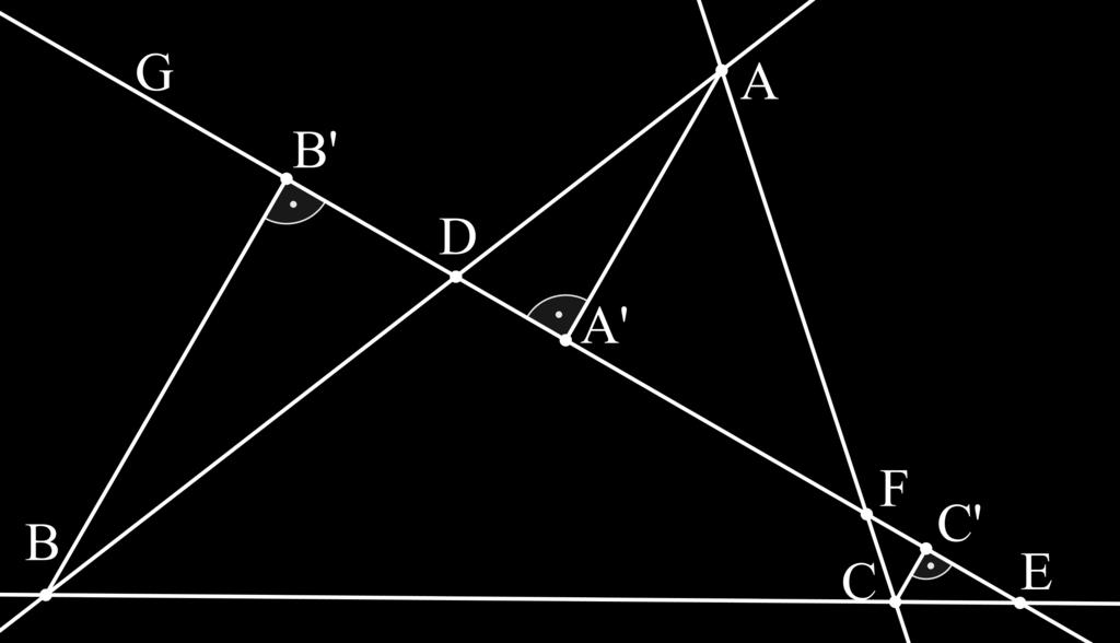 Abbildung 10: Satz von Menelaos Beweis: Zu (1): Wir benennen die Fußpunkte der Lote von den Punkten A, B, C auf die Gerade G mit A,B,C.