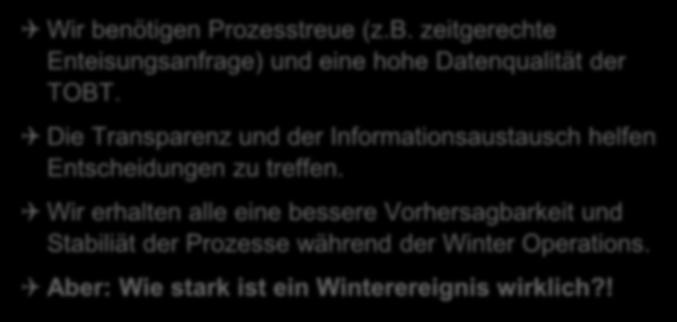 Zusammenfassung Wir benötigen Prozesstreue (z.b. zeitgerechte Enteisungsanfrage) und eine hohe Datenqualität der TOBT.