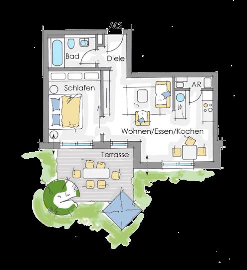2-Zimmer-Wohnung mit eigenem Garten und Terrasse A02 - EG Wohn- und Nutzfläche (netto) Wohnen/Essen/Kochen 27,21 m² Schlafen 12,20 m² Bad 5,37 m² Diele 2,92 m² AR